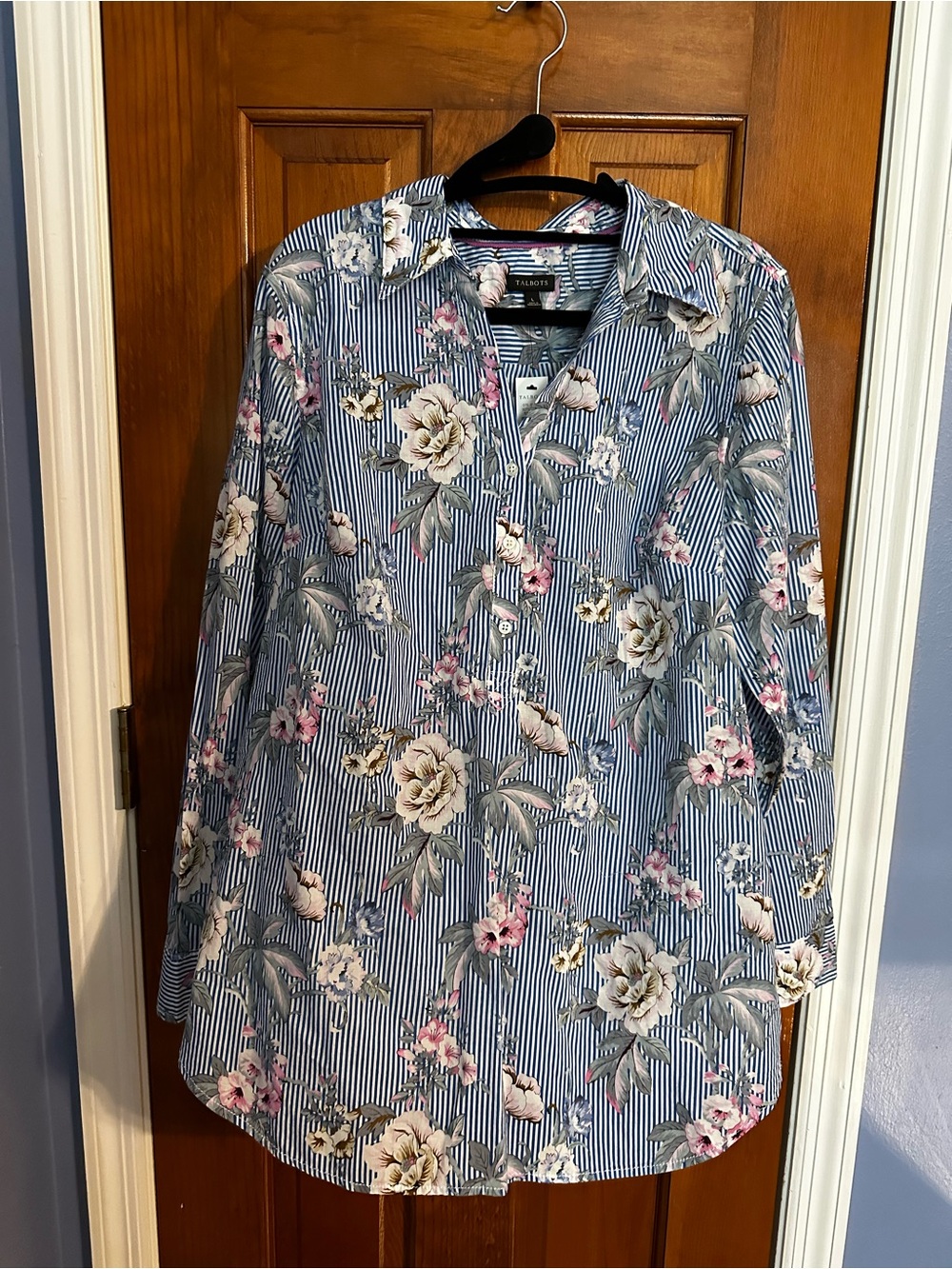 Talbots Blue Striped Floral Button-Up Blouse